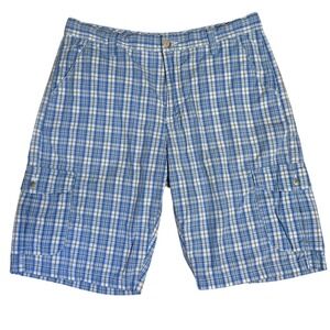 Age of Wisdom Mens Plaid Cargo Shorts Size 36 Blue Tan Casual Summer